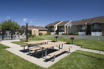 a picnic area with benches and a basketball court in front of an apartment building